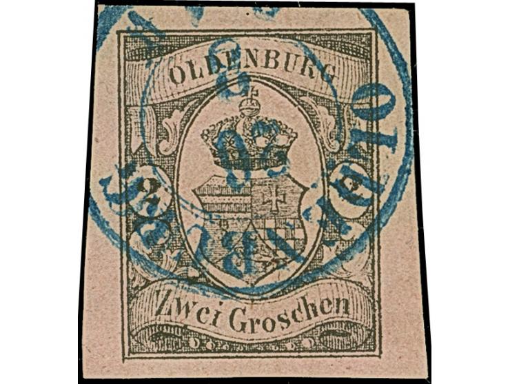 1859, 2 Sgr. auf mattrötlichkarmin, farbfrisch und allseits sehr breitrandig, sauber entwertet durch blauen DKr. "OLDENBURG 2