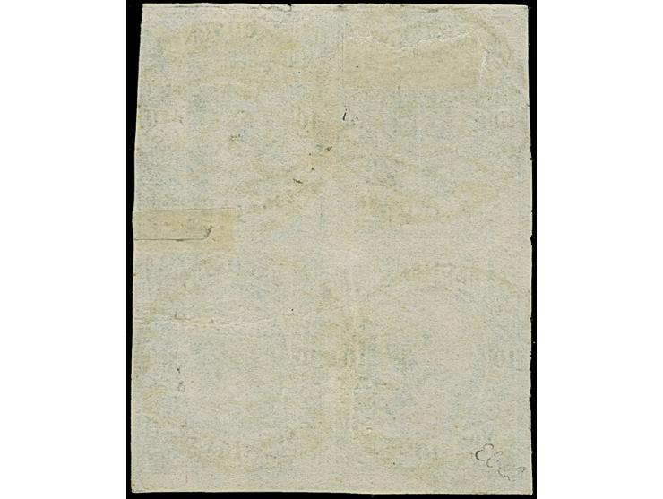 10 Ngr. blau im Viererblock, oben rechts minimal berührt, sonst voll- bis meist breitrandig, leicht entwertet durch Nr. "38" 