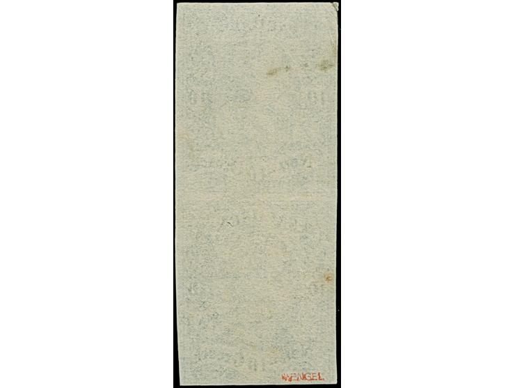 10 Ngr. milchblau im senkrechten Paar, unten noch voll-, sonst breitrandig, mit undeutlichem Nummernstempel. Einwandfrei. Sig