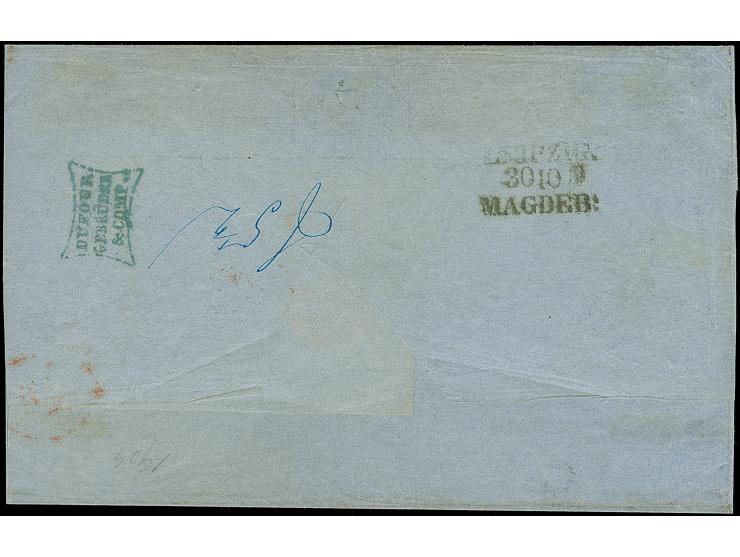 10 Ngr. blau, voll- bis überrandig, unten mit Teil der Nachbarmarke, mit Nr. "4" und nebengesetztem Doppelkreisstempel "LEIPZ