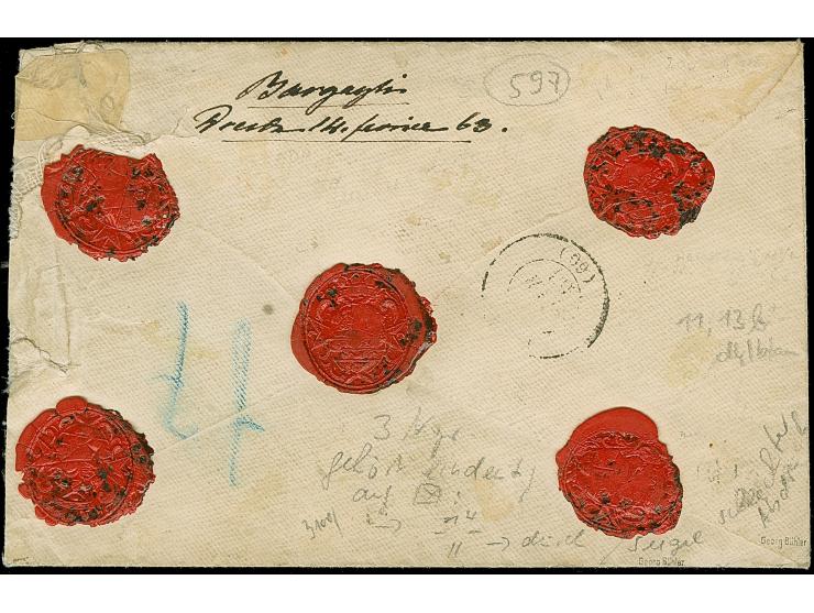 10 Ngr. milchblau, voll-bis breitrandig, zusammen mit leicht berührter 3 Ngr. auf gelb (kleiner Randspalt), mit auf- und nebe