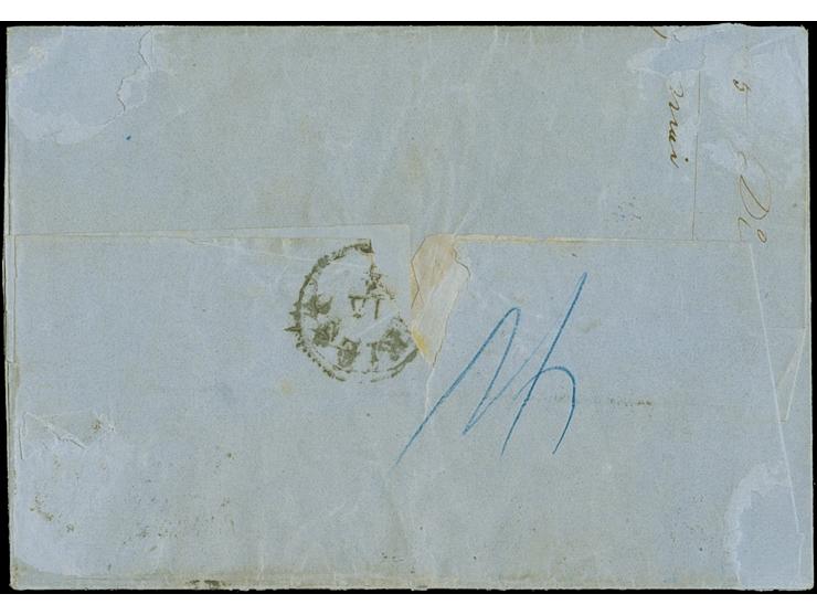 10 Ngr. milchblau, oben rechts kurz berührt, sonst voll-bis breitrandig, zusammen mit 1 Ngr. auf mattgraurot und 3 Ngr. auf g