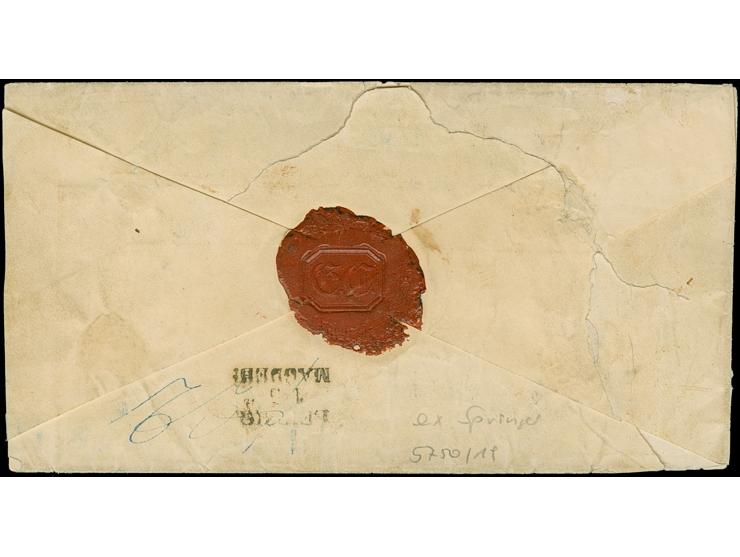 10 Ngr. milchblau im senkrechten Paar, 5 Ngr. ziegelrot und 3 Ngr. auf gelb, mit Nr. "2" und nebengesetztem Doppelkreisstempe