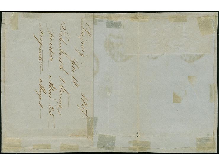 10 Ngr. milchblau, 5 Ngr. bräunlichrot und 2 Ngr. auf blau, als Streifen geklebt, mit verquetscht aufgesetzter Nr. "2" und ne