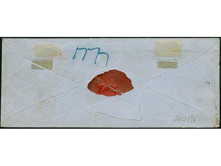 10 Ngr. milchblau, voll- bis breitrandig, mit rechts unten kurz berührter 3 Ngr. auf gelb (links oben Schnittmarkierung), mit