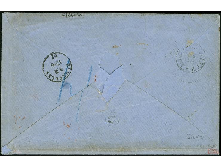 5 Ngr. ziegelrot, 2 Einzelwerte im Schmitzdruck, als 'tête bêche' geklebt, mit Nr. "9" und nebengesetztem Doppelkreisstempel 