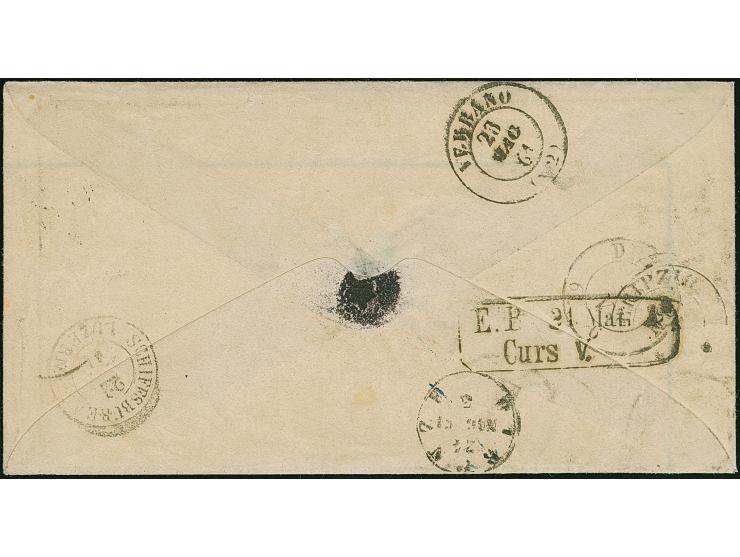 5 Ngr. karminrosa, voll- bis breitrandig, mit jeweils etwas berührter 3 Ngr. auf gelb und ½Ngr. auf grau, mit Doppelkreisstem