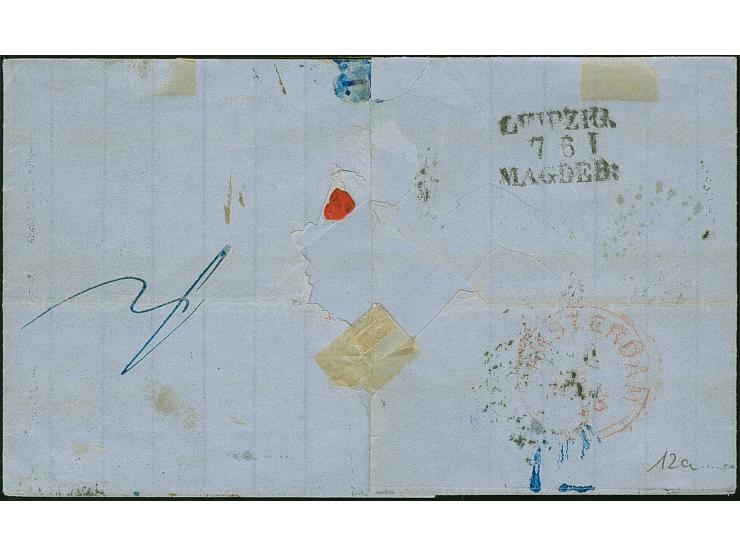 5 Ngr. ziegelrot, voll- bis meist breitrandig, zusammen mit kurz berührter 2 Ngr. auf blau, mit Nr. 8 und nebengesetztem Rahm