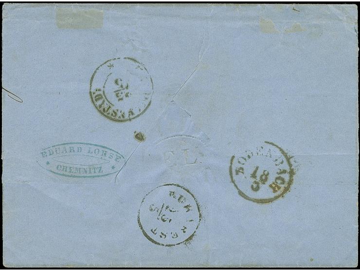 5 Ngr. dunkelzinnoberrot, vollrandig, mit etwas angeschnittener Wappen 3 Pfg. grün, mit Nr. "8" und sauber nebengesetztem DKr