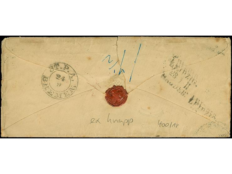 5 Ngr. ziegelrot (links berührt und kleiner Randspalt) mit 1 Neugroschen graurot und ½ Neugroschen grau, mit Nr. "12" und &nb