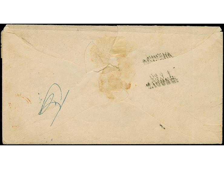 5 Ngr. ziegelrot im senkrechten Paar, mit 2 Ngr. auf blau, mit Nr. "1" und nebengesetztem Doppelkreisstempel "DRESDEN 22 III 