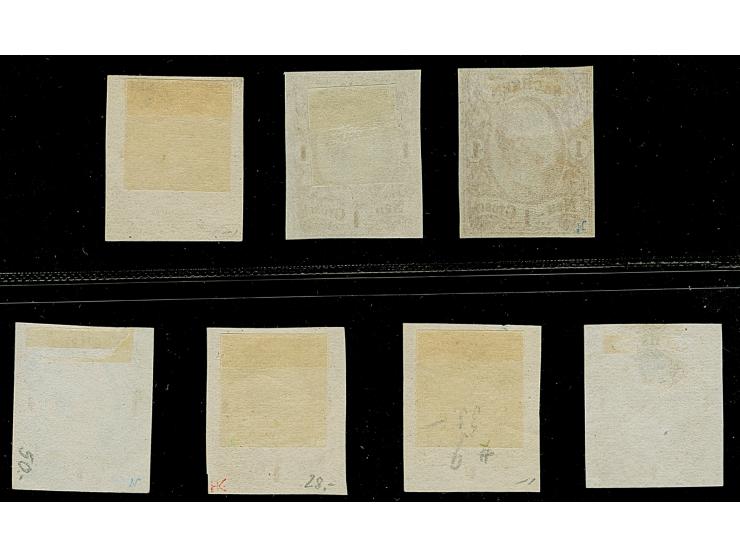 Meinholdsche Farbproben vom Januar 1856: 1 Ngr., 7 Stück in verschiedenen Farben/Nuancen, dabei die später verausgabten. Ungu