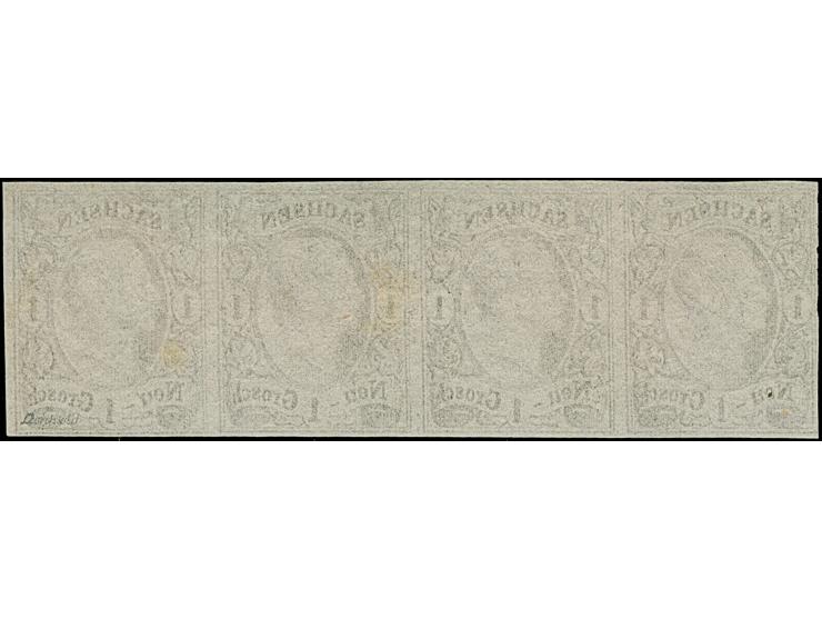 Probedruck der verstählten Druckplatte: &nbsp;1 Ngr. auf weißem Papier, waagerechter Viererstreifen, voll- bis breitrandig, u