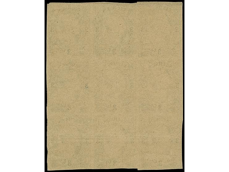 Probedruck 3 Ngr. auf braunem Papier, 9er-Block, meist voll- bis breitrandig, ungummiert, durch die unteren Werte und am ober