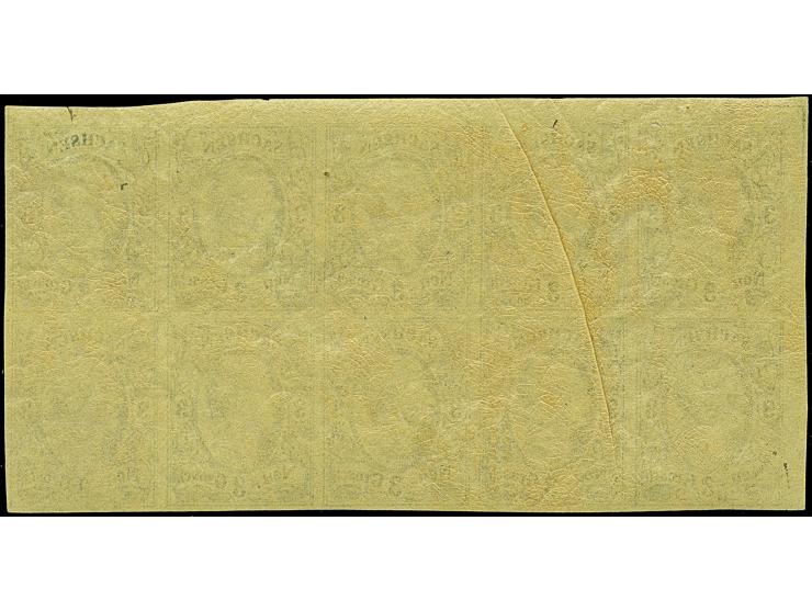 3 Ngr. auf hellgelb, kompletter Schalterbogen von 10 Werten, farbfrisch und breitrandig, oben und links mit enorm breiten Bog