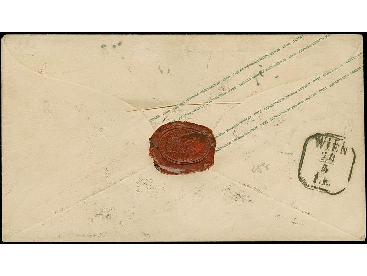 2 Ngr. auf blau und 3 Ngr. auf gelb, letztere links angeschnitten, sonst beide voll-bis breitrandig, als Zufrankatur auf Ganz