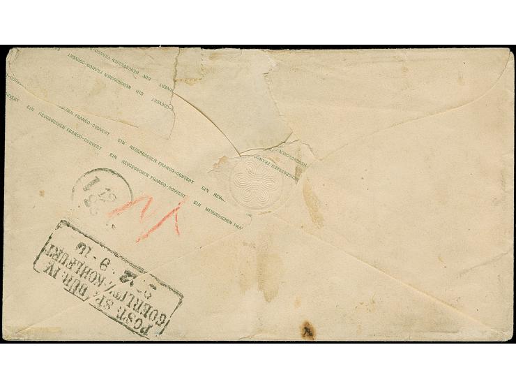 3 Ngr. auf gelb und 2 Werte 1 Ngr. auf rosa, teils gerissen statt geschnitten und etwas berührt, als Zufrankatur auf Ganzsach