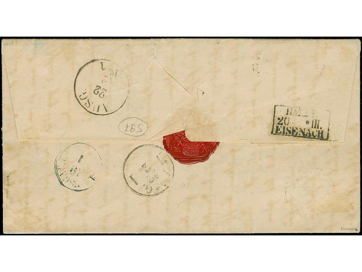 3 Ngr. auf gelb, voll- bis breitrandig, mit Nr."32" und nebengesetztem Einkreisstempel "CAMENZ 20 FEB 59" als Nachsende-Frank