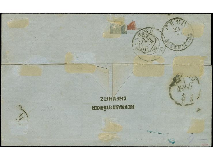 3 Ngr. auf gelb, 2 Einzelwerte, mit ½ Ngr. auf grau und 1851/63, 3 Pfg. grün, letztere voll-bis breitrandig, mit Doppelkreiss