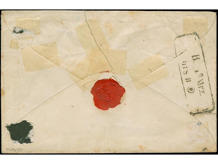 3 Ngr. auf gelb, 1 Ngr. auf mattgraurot, ½ Ngr. auf grau und 1851/63, 3 Pfg. grün, mit Nr. "2" und nebengesetztem Doppelkreis