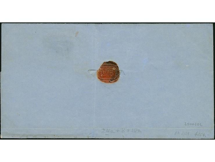 ½ Ngr. auf grau, 2 Ngr. auf blau und 1851/63, Wappen 3 Pfg. grün, treppenförmig geklebt und soweit sichtbar alle voll- bis br