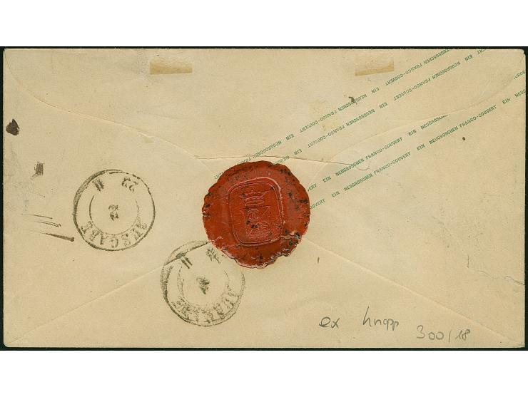 2 Ngr. auf blau (leicht berührt) als Zufrankatur auf Ganzsachenumschlag 1 Ngr. rosa, mit Nr. "3" und sauber nebengesetztem Do