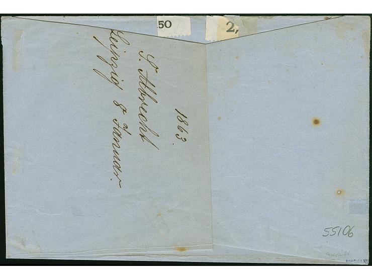 2 Ngr. auf blau, 2 Einzelwerte in verschiedenen Farben und aus unterschiedlichen Auflagen stammend, beide voll-bis breitrandi