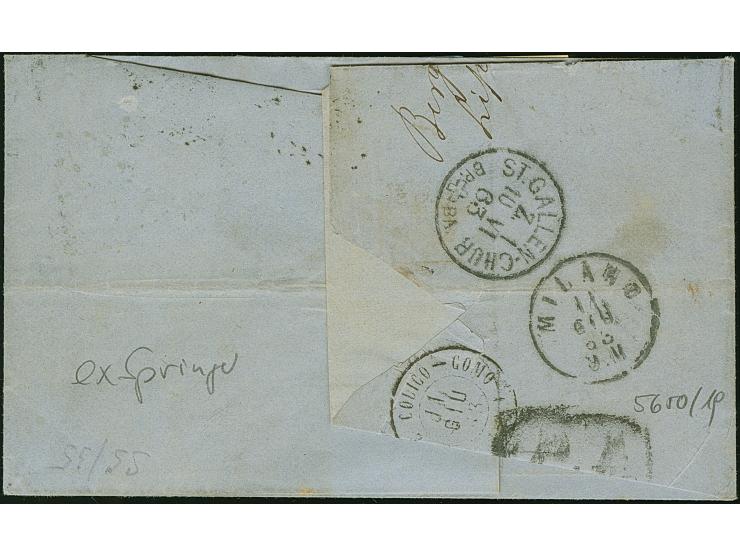 ½ Ngr. auf mattgrau, 1 Ngr. auf graurot, 2 Ngr. auf blau und 3 Ngr. auf gelb und 1851/63, 3 Pfg. grün, als Streifen geklebt m