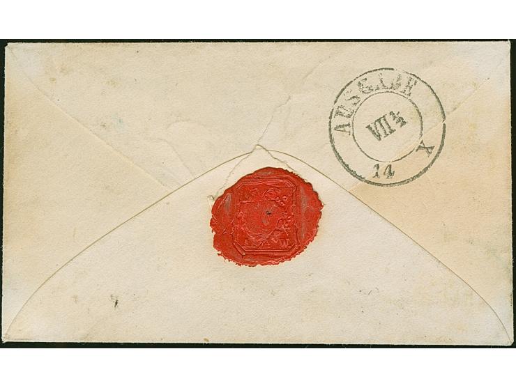 ½ Ngr. auf grau, voll- bis breitrandig, mit blauen Doppelkreisstempel "LEIPZIG 13/X." auf kleinem Orts-Briefkuvert mit nebeng