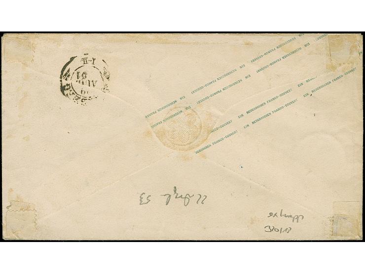 ½ Ngr. auf grau, 2 Einzelwerte (eine oben etwas berührt) als Zufrankatur auf Ganzsachenumschlag 1 Ngr. rosa, mit Nr. "5" (gro