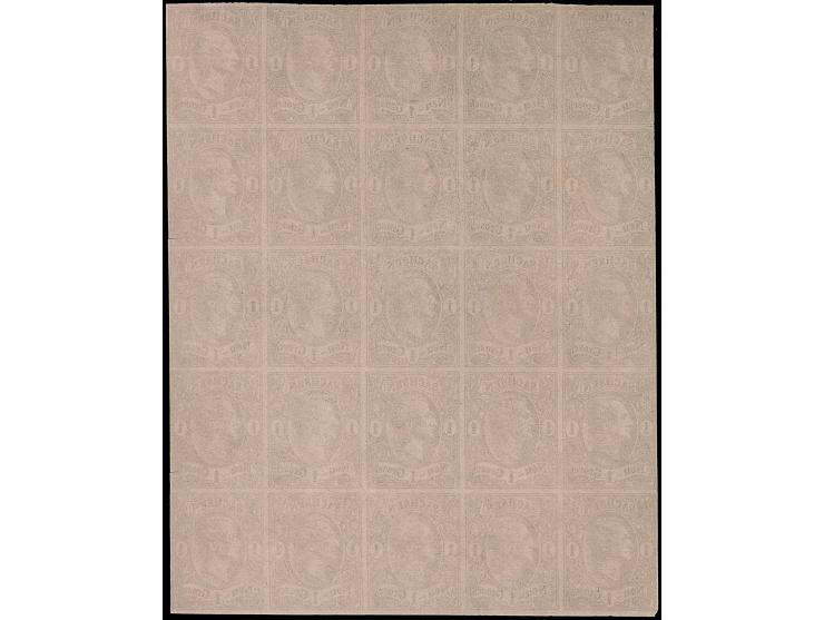 1 Ngr. auf rosa im senkrechten 25er-Block, links oben etwas berührt, sonst voll-bis breitrandig, ungebraucht ohne Gummi mit s