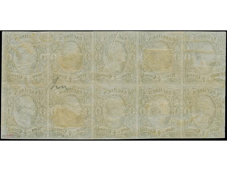 ½ Ngr. auf grau, Type I, kompletter Schalterbogen von 10 Marken, die beiden linken Werte etwas berührt, sonst, voll- bis brei