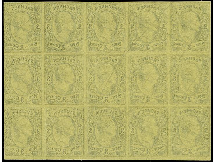 3 Ngr. auf gelb, waagerechter 15er-Block, dabei die linken 6 Werte mit Schmitz Druck, ungummiert, mit Annullierungsstrichen. 