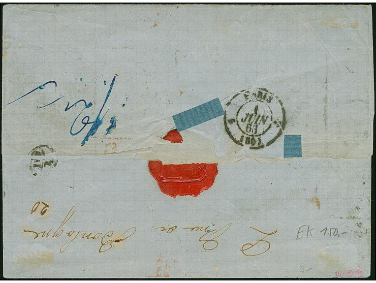 3 Ngr. auf gelb, 1 Ngr. auf mattgraurot und ½ &nbsp;Ngr. auf grau, die 1 Ngr. einseitig berührt , sonst alle voll- bis breitr