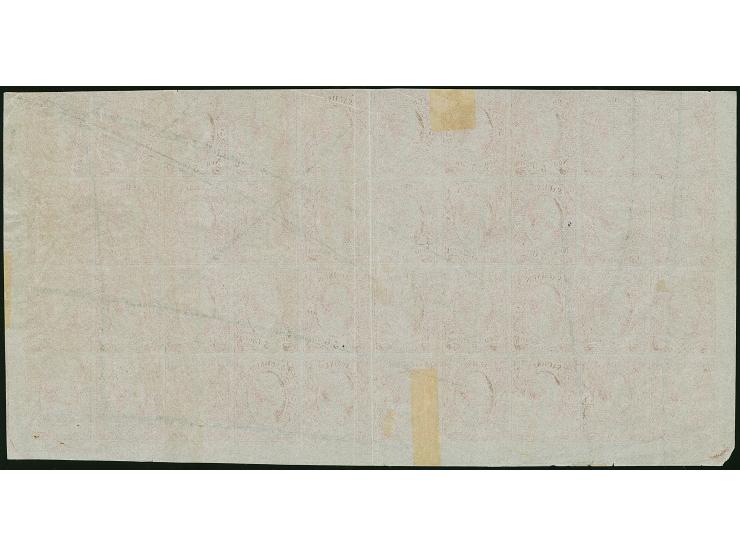 5 Ngr. ziegelrot, 40er-Bogenteil eines Andruckbogens mit dreiseitig breiten Bogenrändern; ungummiert und entwertet durch Farb