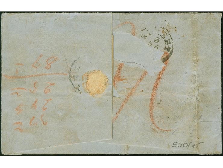 5 Ngr. ziegelrot und 2 Ngr. auf blau, zusammen mit 1851/63, 3 Pfennig grün, mit Nr. 2 und nebengesetztem Doppelkreisstempel "