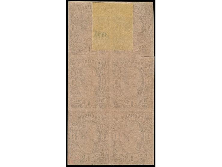 1 Ngr. auf mattgraurot im senkrechten 6er-Block, voll- bis breitrandig, ungebraucht mit Originalgummi. Eine äußerst seltene E