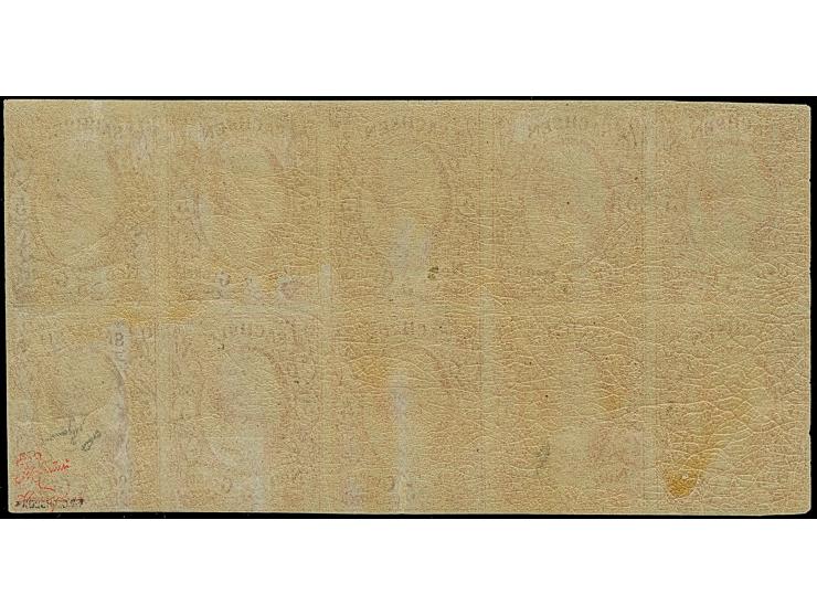 5 Ngr. scharlachrot, vollständiger Schalterbogen von 10 Marken, teils entlang der Randlinie geschnitten, unten 2 kleine Rands