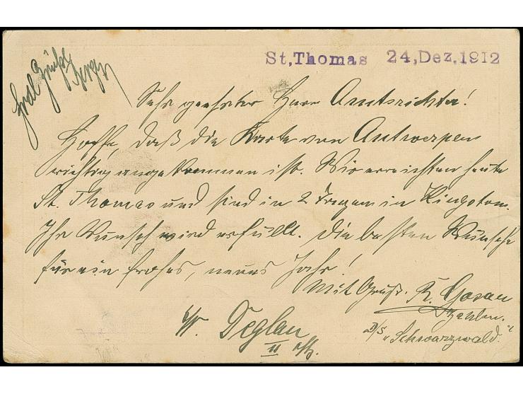 “Schwarzwald” violetter L1 klar auf Ganzsachenkarte 5 BIT mit Stempel “ST. THOMAS 24,12,1912” mit viel Text nach Mostar mit v