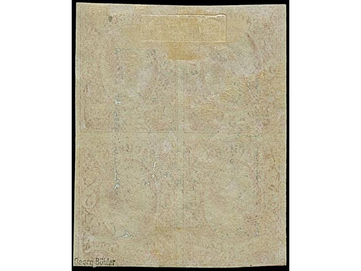 5 Ngr. scharlachrot im Viererblock, unten links berührt, sonst voll- bis breitrandig, ungebraucht mit großen Teilen des Origi