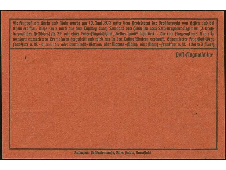 Rhein/Main: 1912, Gelber Hund 1 M., drei Einzelwerte und Germania 5 Pfg. je mit Flugstempel “Darmstadt 22.6.12” auf sogenannt