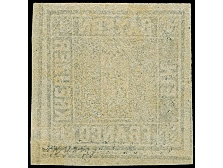 1 Kreuzer schwarz, Platte 1, farbfrisch und allseits breitrandig, unten mit Teil der doppelten Trennungslinie, ungebraucht mi