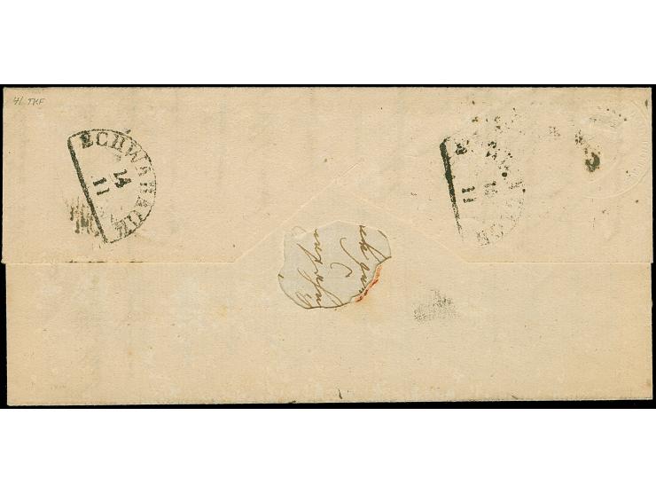 3 Kreuzer blau, allseits breitrandig, oben mit sichtbarer doppelter Trennungslinie, mit gMR "343" und nebengesetztem DKr. "NÜ