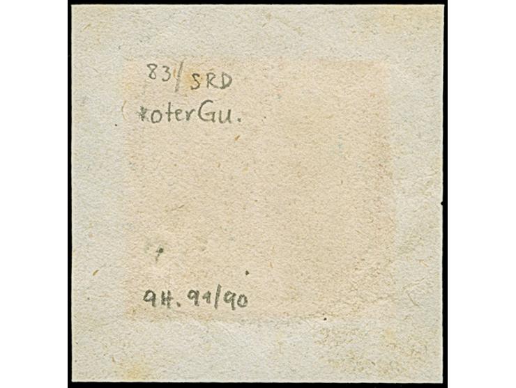 3 Kreuzer blau mit rotem Versuchsgummi von Altötting, voll- bis breitrandig, mit zentrisch klarem gMR "7" auf Briefstück. Sch