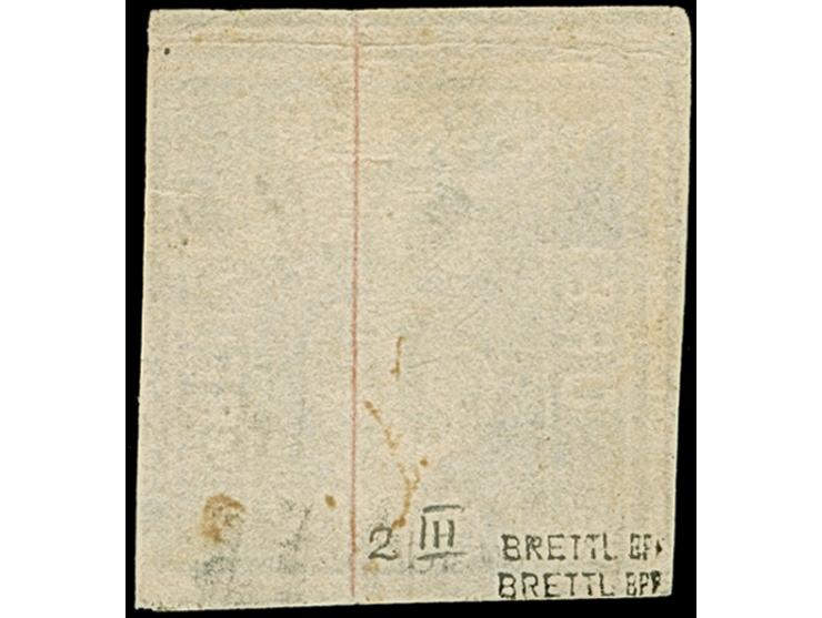 3 Kreuzer dunkelblau, voll- bis überrandig, oben mit vollständiger doppelter Trennungslinie (hier obligatorische leichte Falt