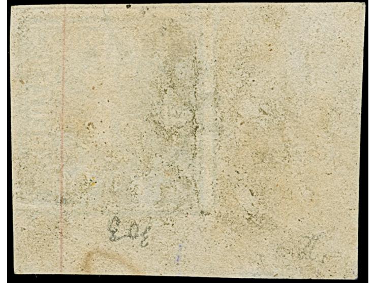 3 Kreuzer blau mit ausgefüllten Ecken, breitrandige linke untere Bogenecke mit 6/17 mm Bogenrand, sauber entwertet durch gMR 