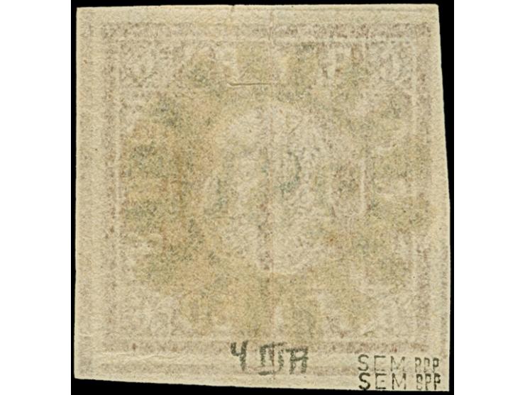 6 Kreuzer braunorange mit ausgefüllten Ecken, voll- bis meist breitrandig, unten links mit Teil der doppelten Trennungslinie,