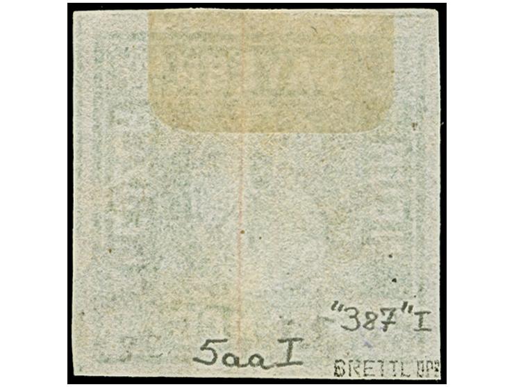 9 Kreuzer mattblaugrün, Type I, allseits breitrandig, dreiseitig mit Schnittlinien, mit klar und gerade aufgesetztem gMR "387