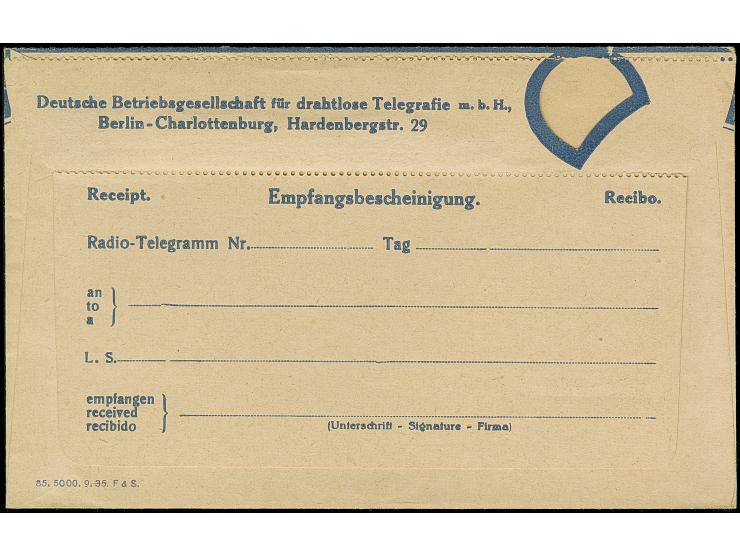 RADIO-TELEGRAMM, Zeppelin Vordruck, ungebrauchter Briefumschlag mit rückseitig perforierter Empfangsbescheinigung der Deutsch