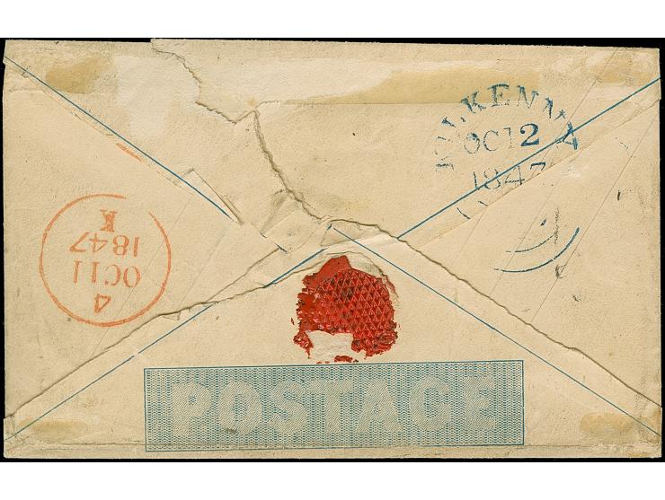 1847, Mulready wrapper 2 d. blue, stereo a201, from Dublin to Kilkenny cancelled by “186” Irish numeral of Dublin, blue Kilke